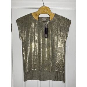 Dantelle Women's Short Sleeve Slit Sides Shirt Gold Grey Metallic Large New
